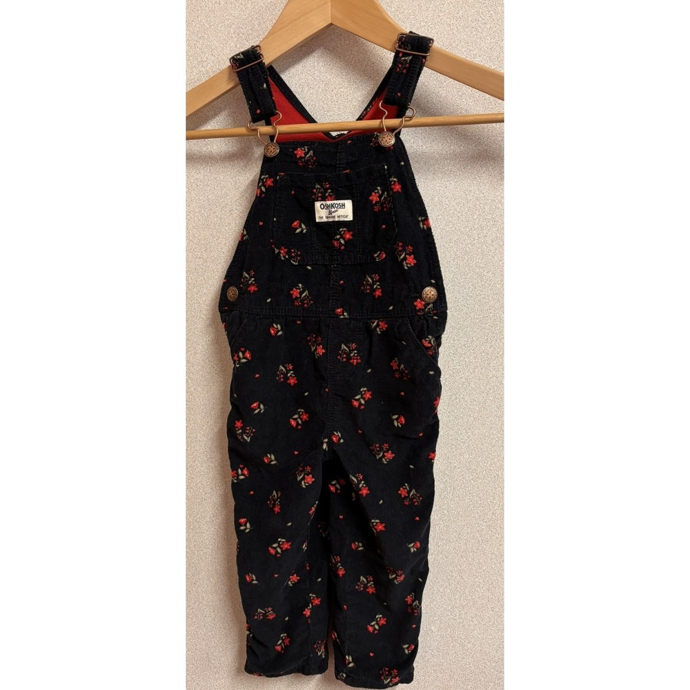 OshKosh B'gosh Overalls Kids 2T Black Corduroy Red Flower Excellent Vestbak Bibs
